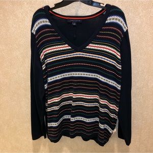 Tommy Hilfiger Ivy Float Sweater, Women's 1X, Fair Isle Hearts Navy Blue V-Neck